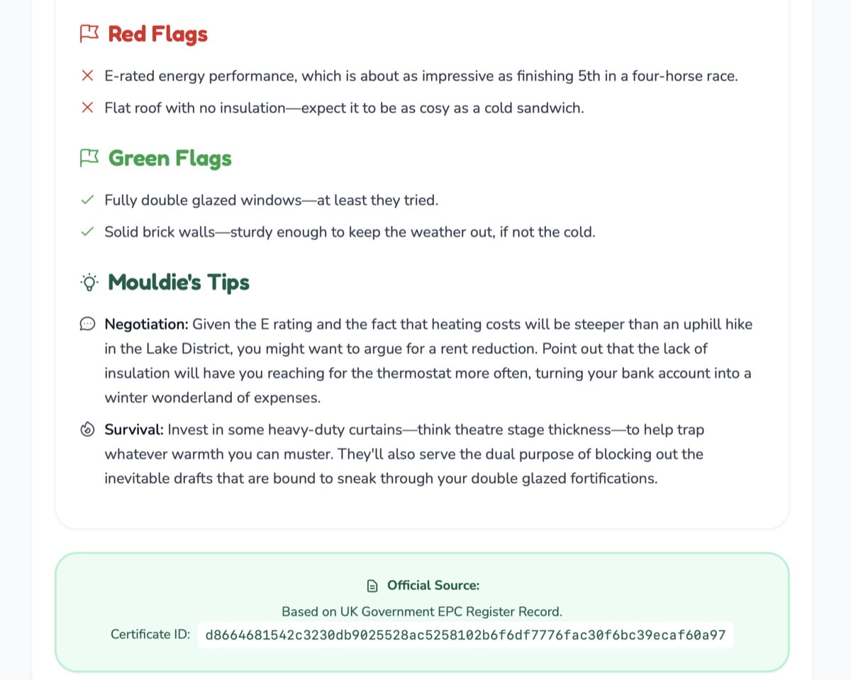 Mouldie property assessment report showing red flags, green flags, and tips